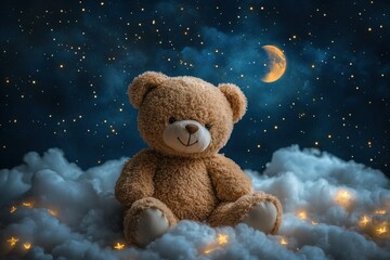 teddy bear clouds night sky moon stars watercolor cute soft animal gift children fun fluffy cuddly...