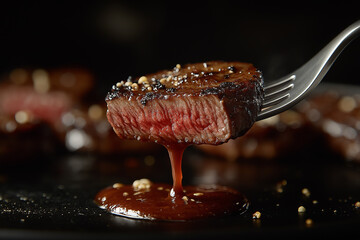 Fototapeta premium A fork holding up the edge of a juicy steak, with meat sauce dripping down, against a dark background, creating an atmosphere of a luxurious dining experience.