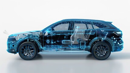 A digital representation of a car showcasing its internal components and technology.