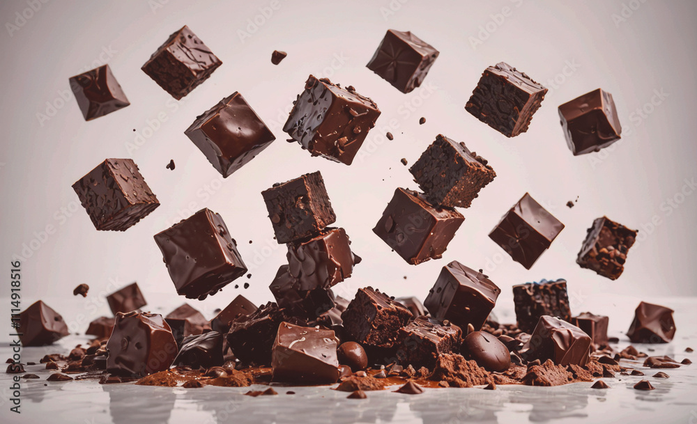 Poster pile of chocolate pieces are scattered on a white surface. the chocolate pieces are in various shape