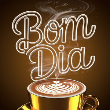 Bom Dia Neon Text with Coffee Cup and Latte Art