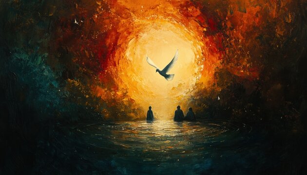 Impressionistic Baptism Scene with Holy Spirit Dove Descending Flames of Faith and Redemption of Jesus Christ by John the Baptist in River Jordan