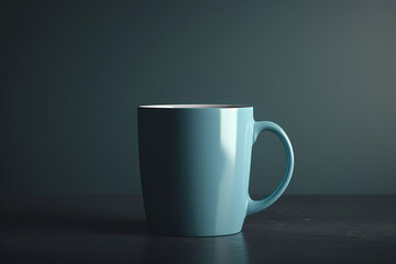 Obraz premium A sleek, light blue ceramic mug stands alone on a dark table, creating a minimalist and modern aesthetic.