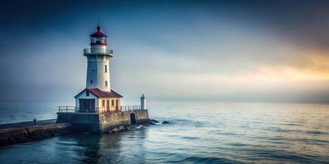 Foggy harbor lighthouse with ocean view , misty, maritime, navigation, beacon, atmospheric, serene, weather, tower