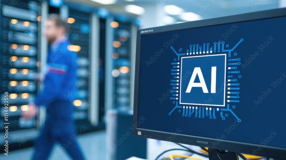 Poster a computer displaying an ai logo in a data center with a person walking in the background.