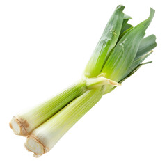 Fresh green leeks on a white background, showcasing their vibrant color and healthy appearance.