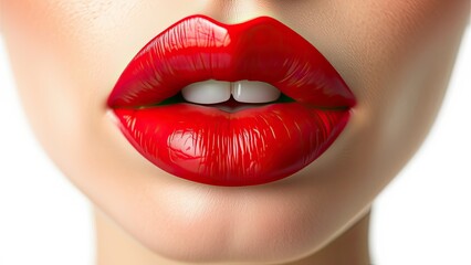 Obraz premium A bold red lipstick with a slight smudge on the outer edge of a full pout, crimson lip shade with smudges, lipstick application mishaps