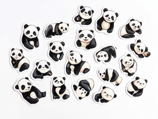 Adorable panda stickers displayed in various poses, perfect for adding charm to any collection or design project.