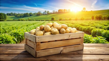 Wooden box filled with fresh potatoes on a table in front of a lush green field on a sunny day, potatoes, wooden box