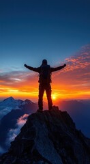 Hiker Celebrating Sunset on Mountain Peak with Arms Raised in Silhouette