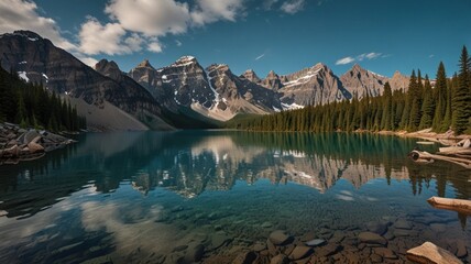 Serene mountain lake reflecting majestic peaks under a partly cloudy sky.
