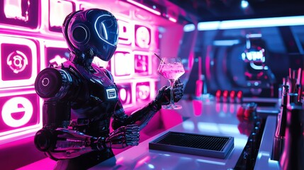 A futuristic bartender robot crafting cocktails in a neon-lit sci-fi bar
