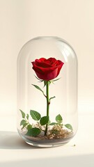 Fototapeta premium A single long-stemmed red rose in a small terrarium with a few sprigs of fresh mint and chamomile , terrarium, calming., garden, spa, wellness
