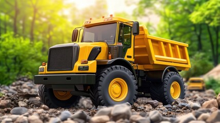 Construction action yellow dump truck on rocky terrain in lush forest nature photography vibrant environment close-up view