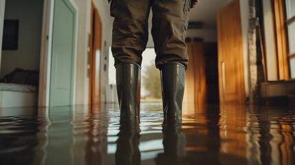 Obraz premium A man lower part body in rubber boots stands in a flooded house - ai