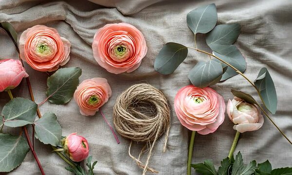 Soft Elegance with Ranunculus Flowers and Natural Elements on Fabric