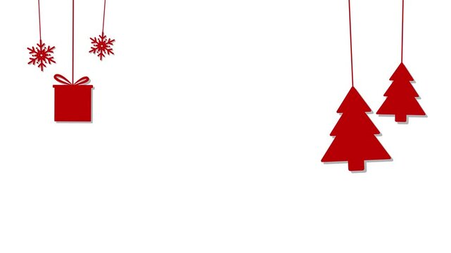 Abstract Christmas background with hanging fir trees, snowflakes and gift box. Christmas, winter or new year templete.