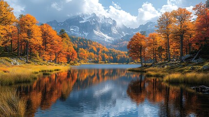 Fototapeta premium A calm and peaceful alpine lake reflecting the surrounding mountains and trees, with vibrant autumn foliage adding pops of red and orange 