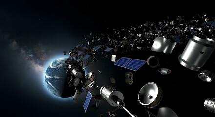 Fototapeta premium 地球を周回している宇宙ごみ。デブリ。スペースジャンクのイメージ｜Space junk orbiting the Earth. Debris. Image of space junk
