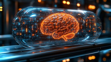 Futuristic capsule showcasing a glowing digital brain in a high-tech environment