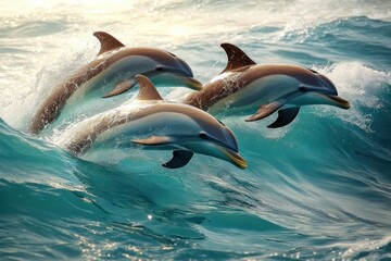 Obraz premium bottlenose dolphin leaping through turquoise water hyper-realistic art aquatic mammal ocean park nature summer swimming happiness
