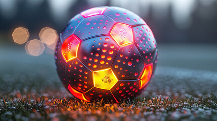 Fototapeta premium vibrant soccer ball with glowing hexagonal patterns sits on grassy field, illuminated by soft lights. unique design adds modern touch to classic game