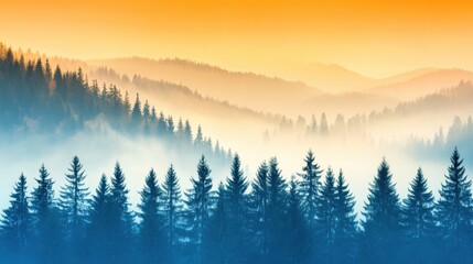 Obraz premium A tranquil mist covers a forested landscape during the early morning, as soft hues of orange and blue merge in the sky above