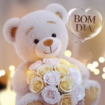 Teddy bear with white and yellow roses and Bom Dia heart message