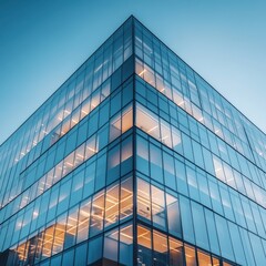 Obraz premium A modern glass building with sleek lines reflects evening light, showcasing a contemporary architectural design, Ideal for business, real estate, or corporate branding themes,