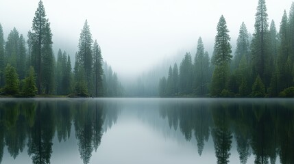 A tranquil lake surrounded by tall pine trees shrouded in mist creates a serene landscape, This image is perfect for nature-related projects, meditation or relaxation themes
