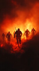 Fototapeta premium apocalyptic scene with people figures running through fiery chaos. The dark, ominous sky and central figure with a downward arrow create a sense of impending doom and judgment.