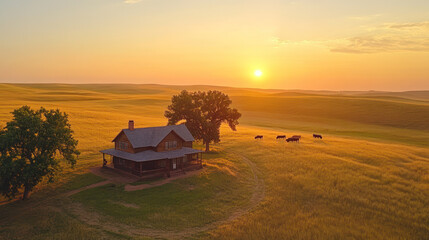 Aerial view of craftsman style farmhouse in countryside with cows