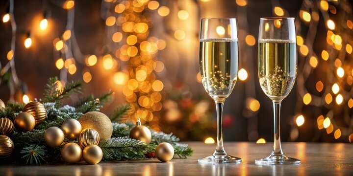 Two elegant glasses of bubbly champagne on a festive table , celebration, drink, toast, bubbles, sparkling, alcohol
