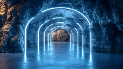 Naklejka premium 3D Illustration: Neon Blue Arches in Rock Cave