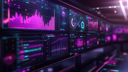 Futuristic Network Monitoring Dashboard with Real-Time Data Analytics and Performance Visualization on Computer Screens
