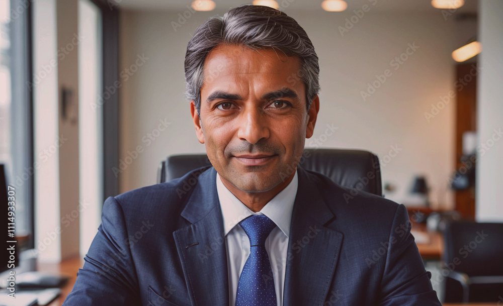 Poster man wearing a suit and tie is sitting in a chair. he is smiling and looking at the camera
