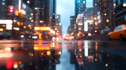 Fototapeta premium City street at night, rain reflecting lights.