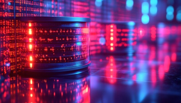 SQL Database Queries and Digital Data Management in Cyberpunk Style with Neon Lights and Glowing Data Cores - Powered by Adobe