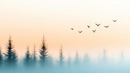 Obraz premium A serene landscape featuring silhouetted trees under a pastel sky with birds soaring, perfect for nature-themed projects, calming backgrounds, or travel-related media,