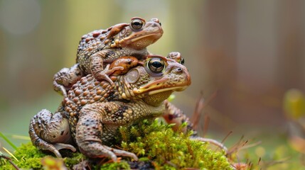 Fototapeta premium Toad Family Portrait: A heartwarming image of a toad family nestled together on a bed of moss, capturing the delicate beauty of nature's intricate relationships.