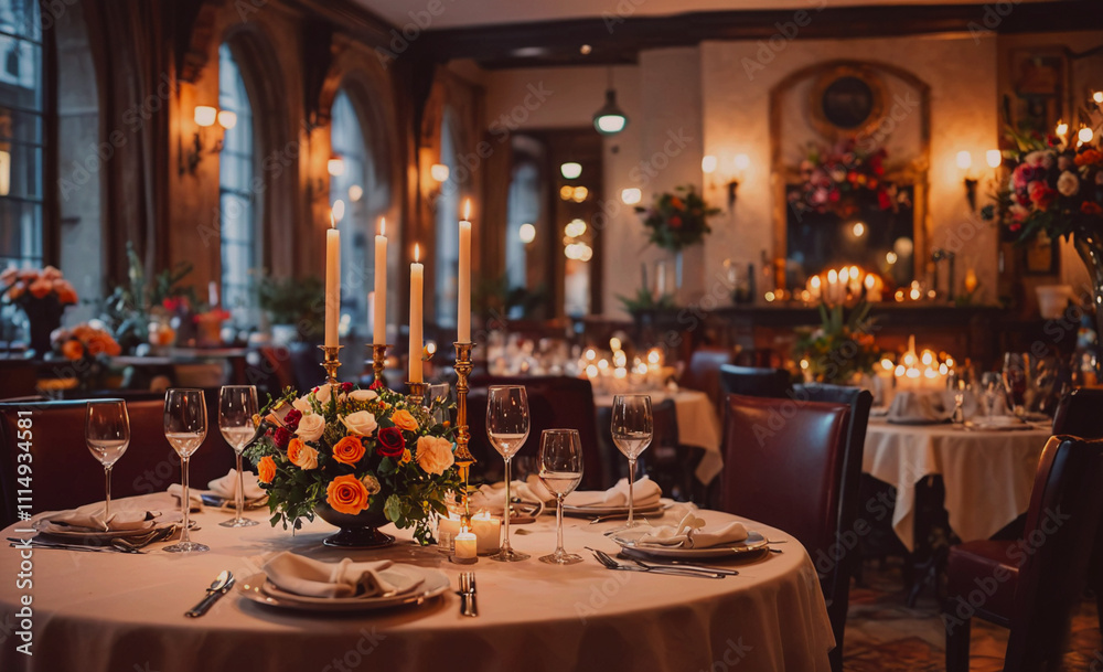 Poster Table with a vase of flowers and candles on it. There are several wine glasses and wine bottles on the table