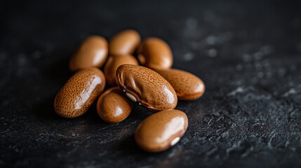 Obraz premium Fresh brown beans arranged on a dark textured surface ready for culinary use