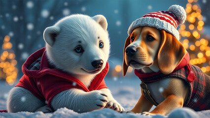 Cutest pair of buddies ever. A beagle dog has befriended a baby polar bear. they are dressed in knit hats and coats for playing in the snow.