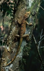 Obraz premium A Glimpse of the Rainforest: A vibrant, intricately patterned lizard clings to the textured bark of a rainforest tree, its long tail trailing downwards.