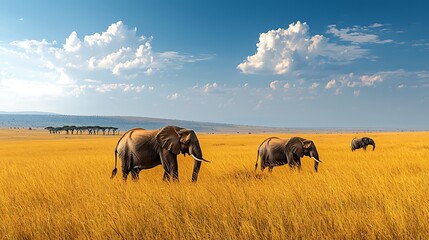 Obraz premium A stunning savannah scene with golden grasslands stretching as far as the eye can see, acacia trees dotting the landscape, and a herd of elephants grazing 
