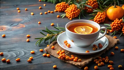 Tea with orange slices and ripe sea buckthorn berries , tea, orange, sea buckthorn, berries, healthy, drink, beverage, fruit, fresh