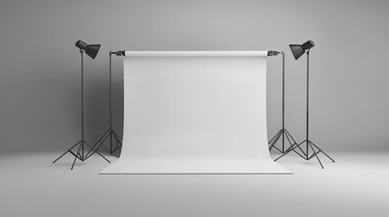 Photography studio setup with white backdrop and lighting equipment in minimalistic environment