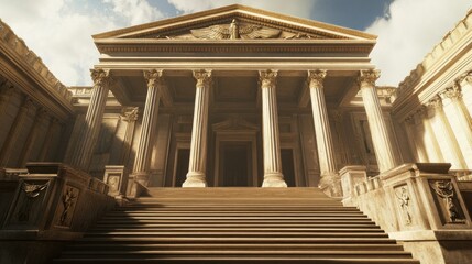 Obraz premium Majestic ancient temple with grand staircase and columns under sunny sky.