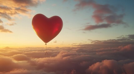 Fototapeta premium Red heart-shaped balloon floats above clouds at sunset.