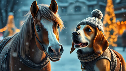 Obraz premium Pony and Beagle are best buds, playing in the snow, picture prefect. Staying warm in their knitted sweaters and coats.